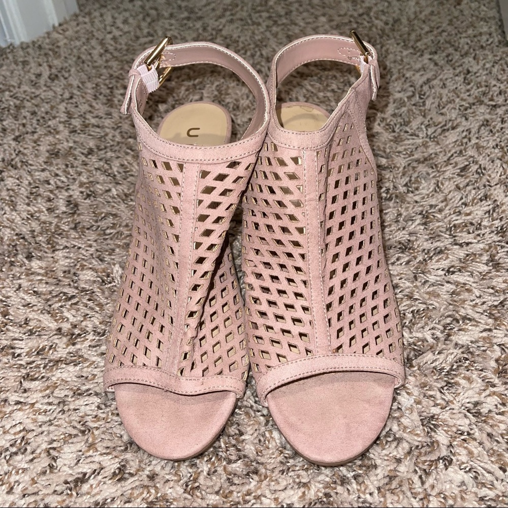 Peep toe suede heels